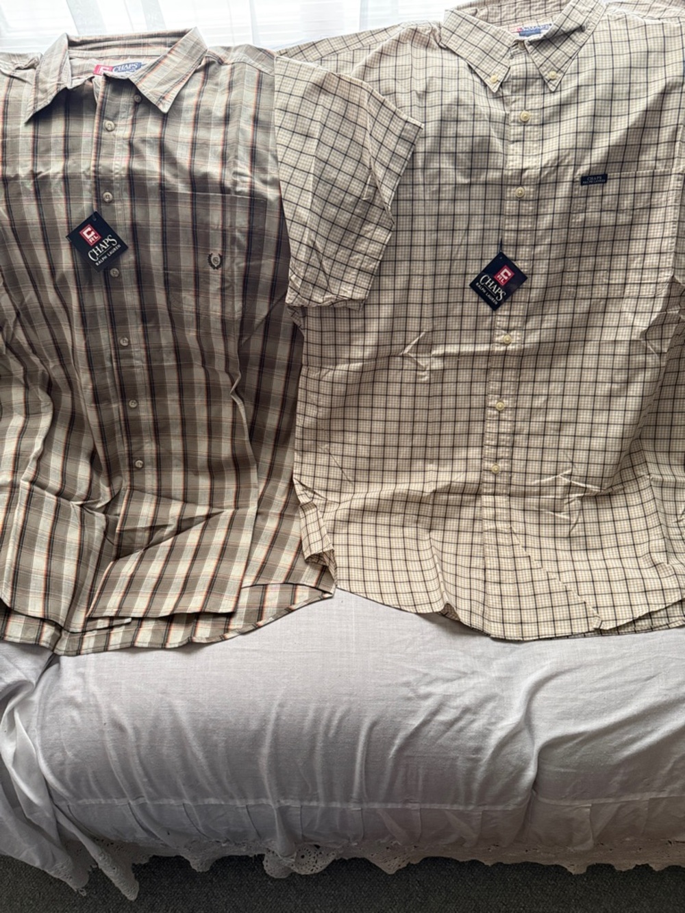 Chaps Men's Short-Sleeve Button-Down Shirts in Beige and Brown Plaids. Lot of 2